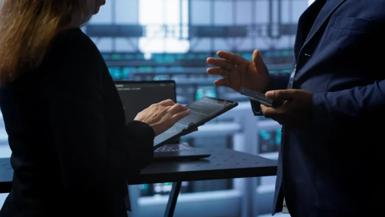 IT security consultants discussing cybersecurity provider options on a tablet in a server room illustrating the questions government contractors should ask before hiring a managed security provider