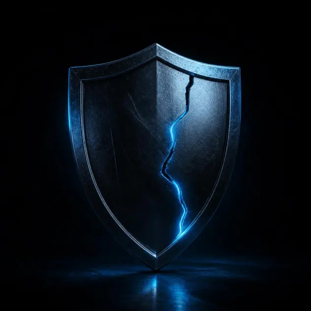 Dark metallic shield with a glowing blue crack, symbolizing a hidden security vulnerability