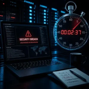 Incident response plan laptop security alert with countdown stopwatch in server room