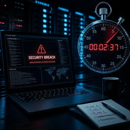 Incident response plan laptop security alert with countdown stopwatch in server room