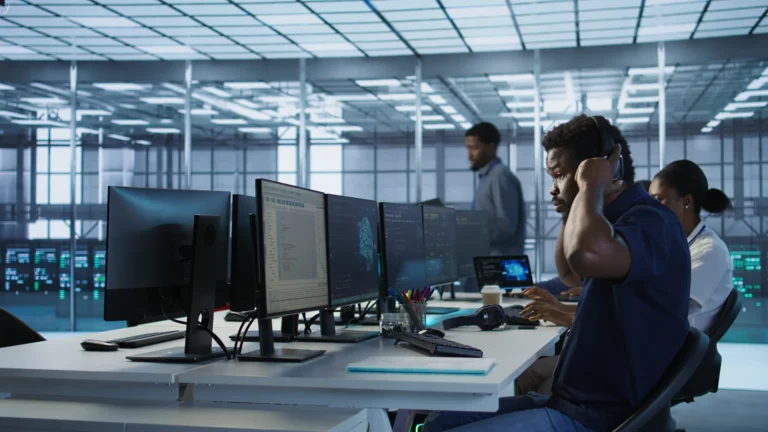 Cybersecurity team monitoring AI-powered threat detection systems in a data center