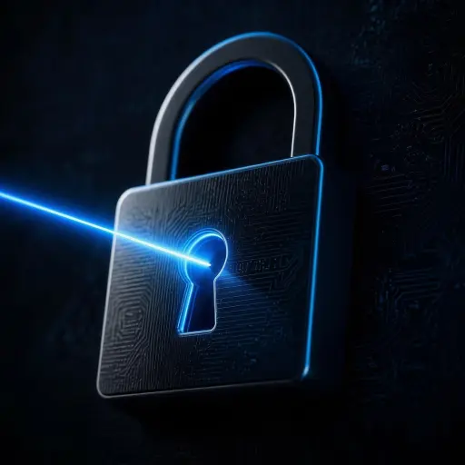 Digital padlock being tested by a beam of light aimed at its keyhole, representing a penetration test