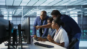 Small team reviewing security policy together